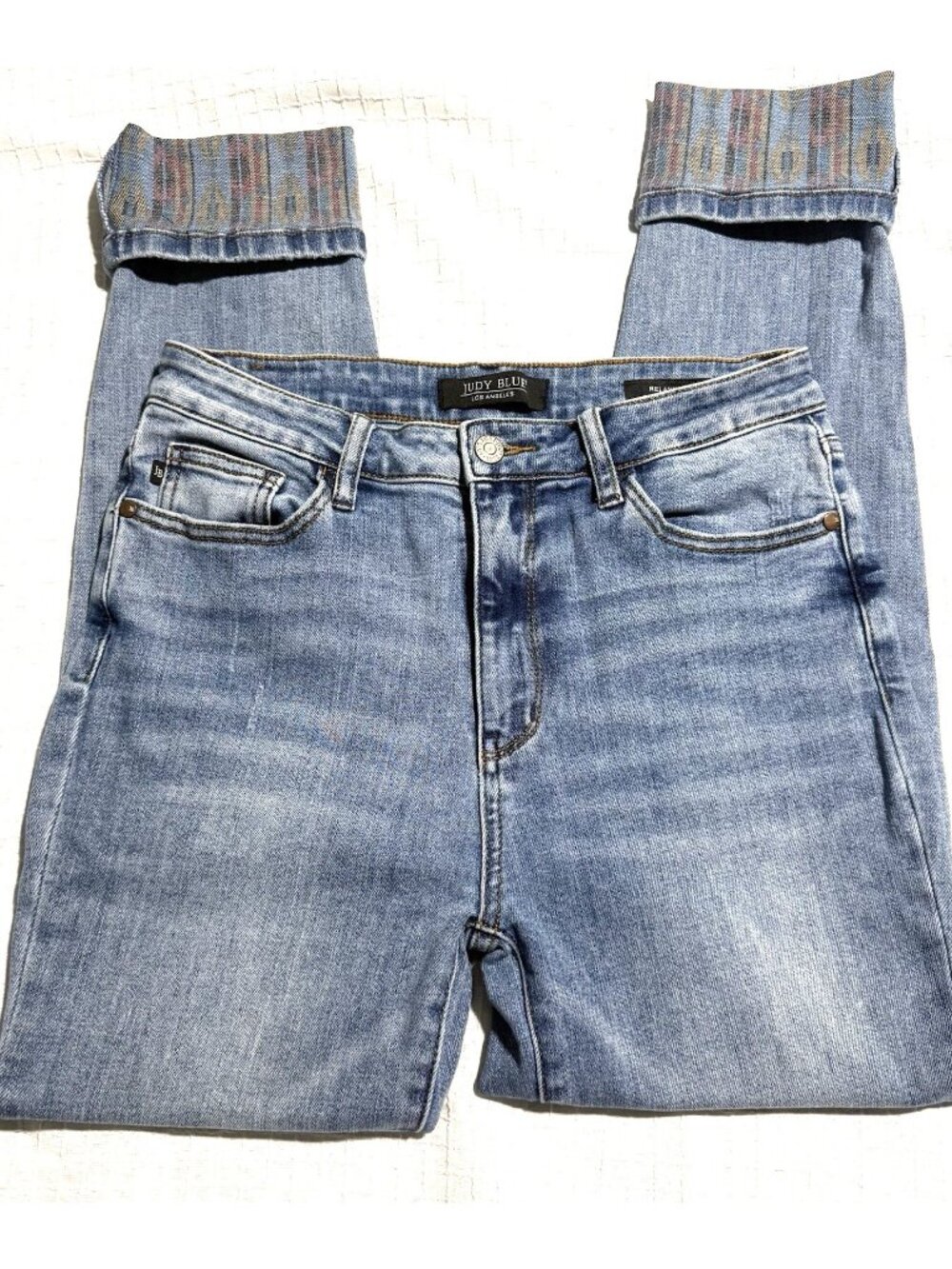Judy Blue Womens 7/28 Relaxed Jeans Blue Ikat Aztec Print Cuff High Rise JB88523